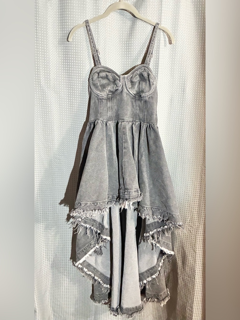 Akira Sz S Gray Distressed High-Low Denim Dress Train Bustier Adj Strap Boho